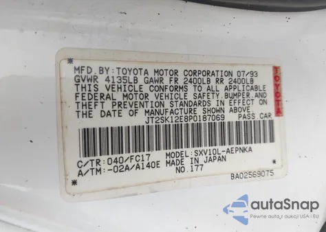 1993 Toyota Camry Le z USA, uszkodzony, nr VIN JT2SK12E8P0187069